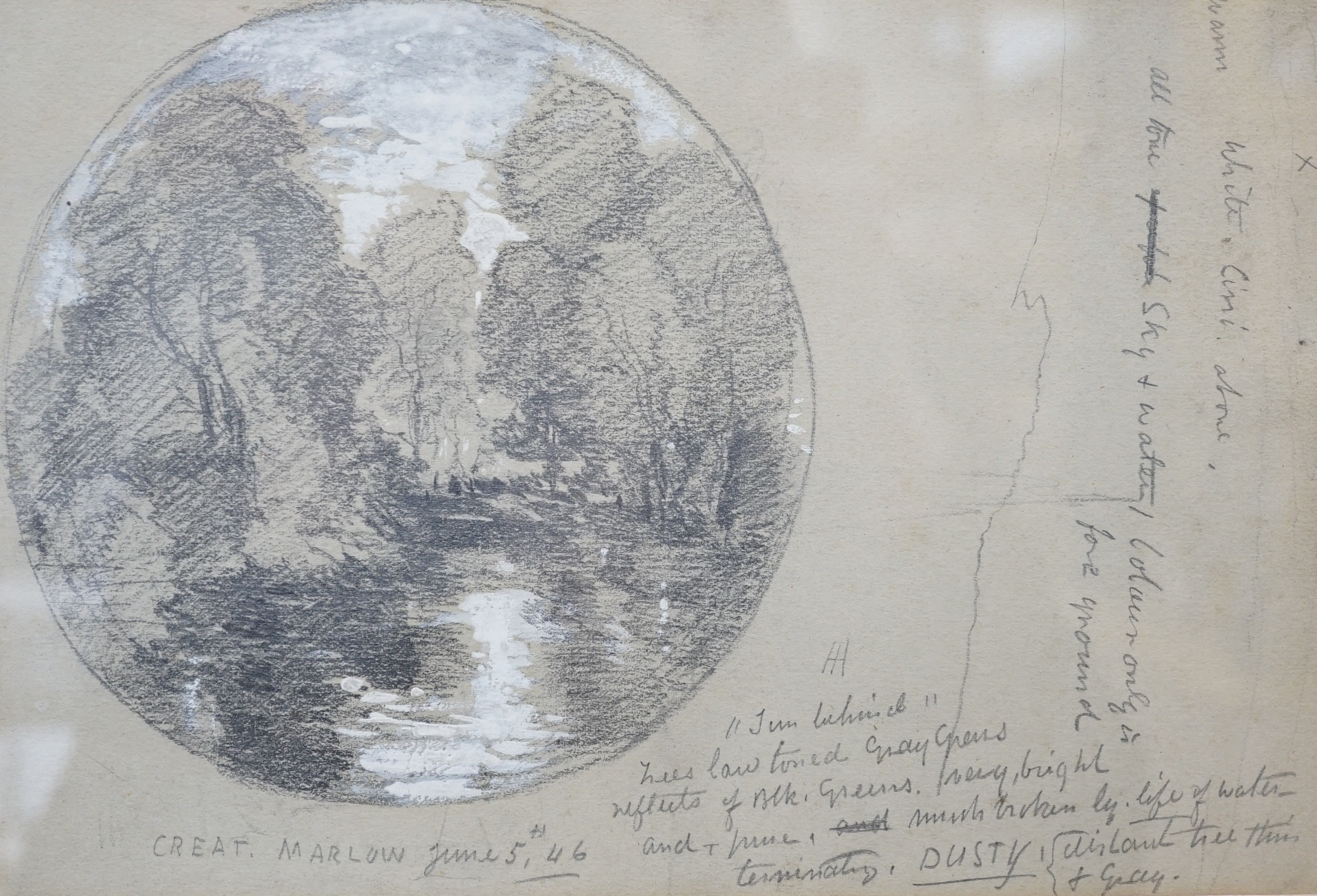 James Holland (1799-1870), pencil heightened with white, 'Great Marlow 1846', with annotations, 17 x 25cm